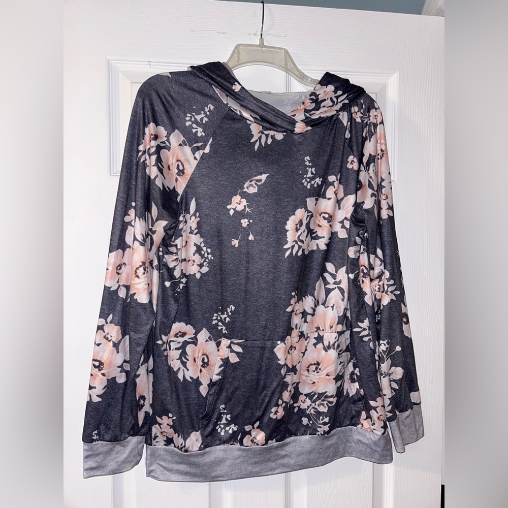 Womens blue/grey hoodie with floral accents